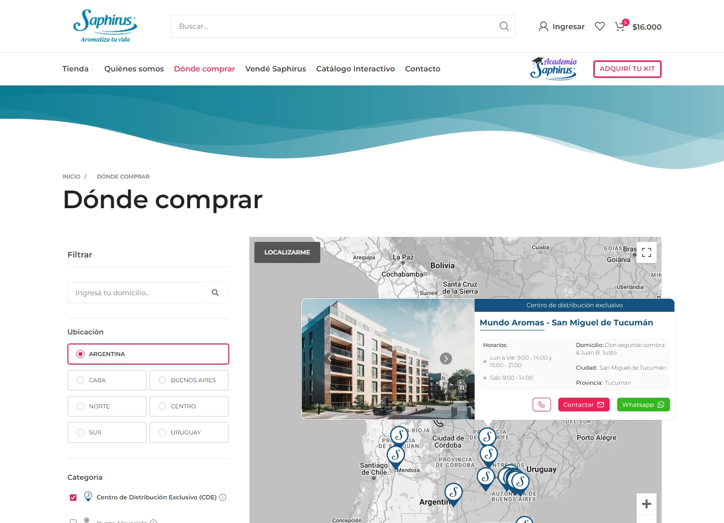 Página 'Dónde comprar' con filtros por ubicación y categoría a la izquierda, y mapa con marcadores de puntos de venta y tarjeta de un centro de distribución