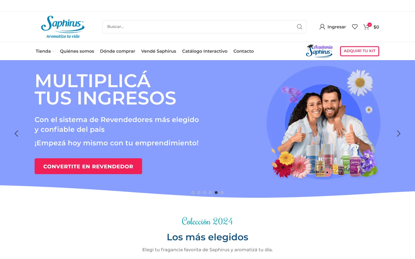 Home de Saphirus con buscador, menú principal, carrusel promocional 'Multiplicá tus ingresos' con botón 'Convertite en revendedor' y sección 'Los más elegidos'