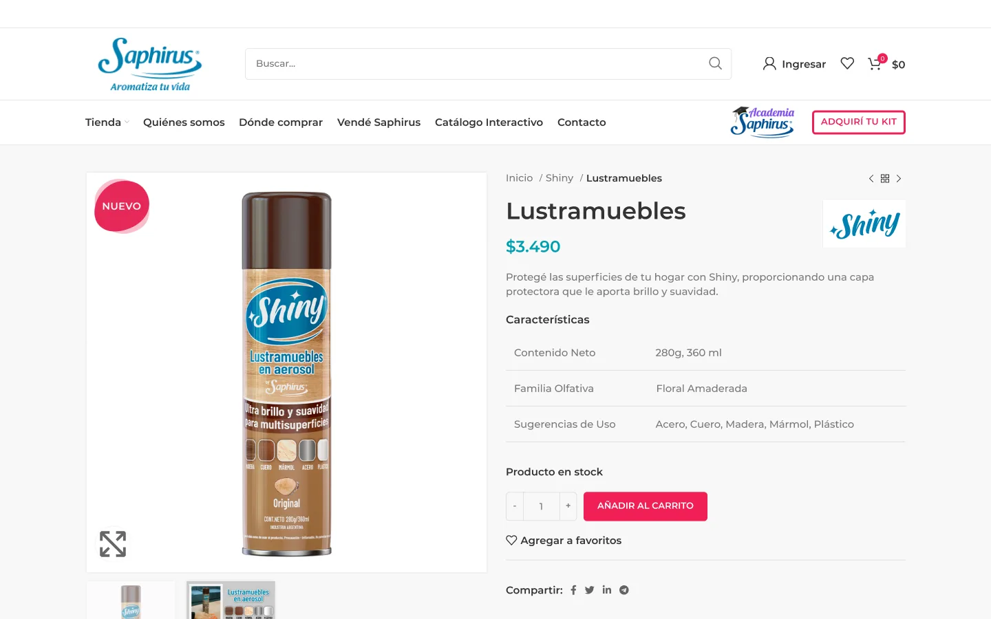 Ficha de producto 'Lustramuebles Shiny' con foto del aerosol, precio, descripción, tabla de características, selector de cantidad y botón 'Añadir al carrito'