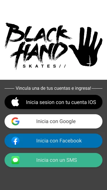 Pantalla de login de Black Hand con el logo de la marca y botones para ingresar con cuenta de iOS, Google, Facebook o SMS