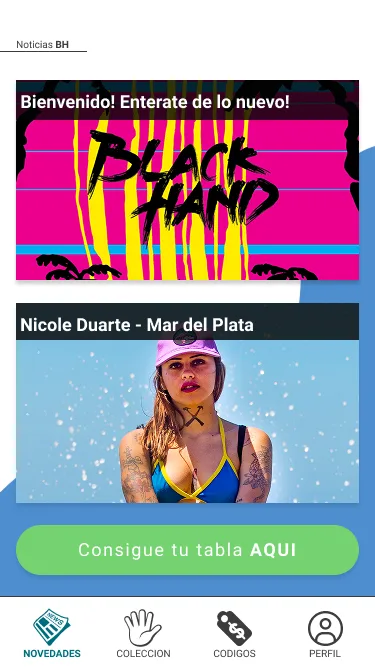 Portal de novedades con tarjetas de noticias de Black Hand, una skater patrocinada y botón para conseguir una tabla