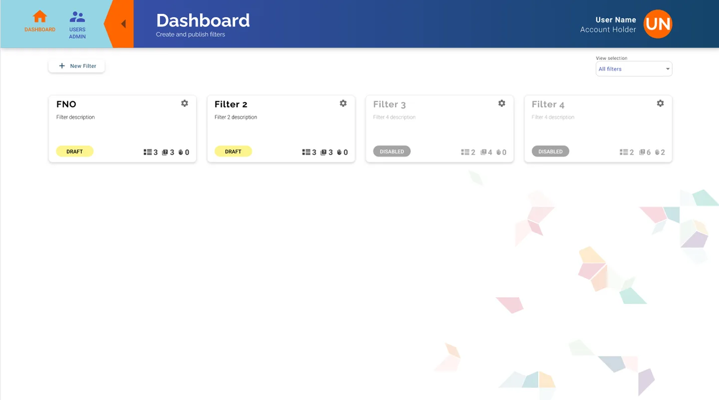 Dashboard principal con barra superior azul y cuatro tarjetas de encuestas con etiquetas de estado Draft y Disabled, contadores y botón New Filter