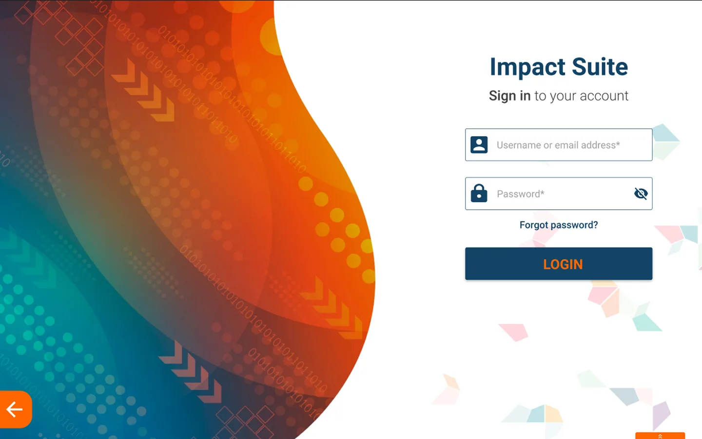 Pantalla de login de Impact Suite con campos de usuario y contraseña, enlace de recuperación y botón Login azul sobre fondo degradado naranja y azul