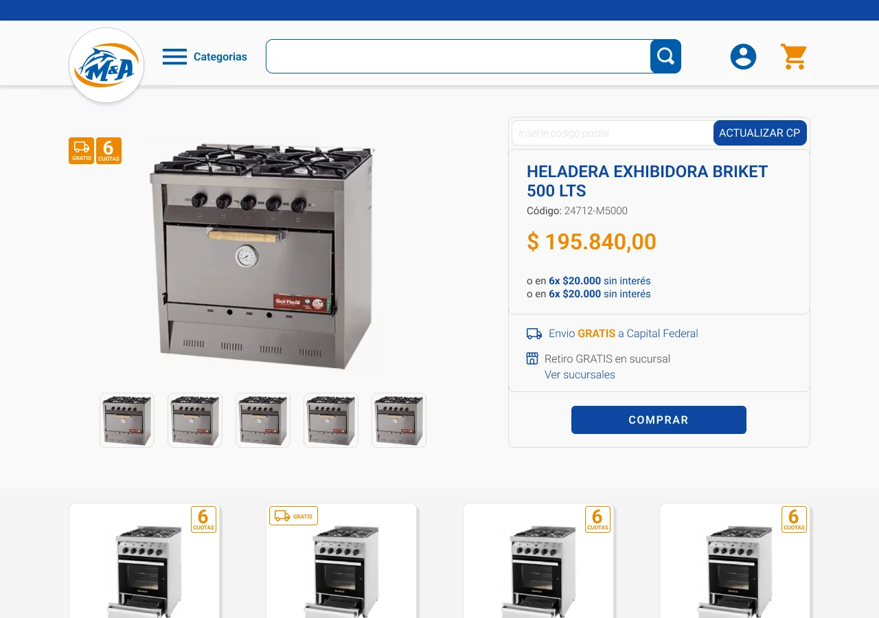 Interna de producto de MYA con foto grande y miniaturas, precio, cuotas, opciones de envío gratis y botón comprar