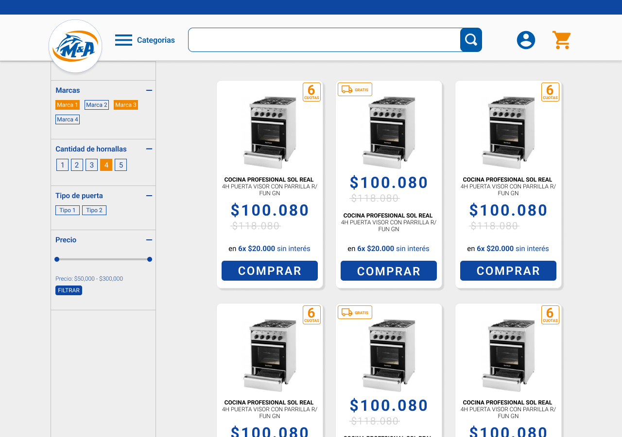 Productos — Catálogo con filtros y grid claro