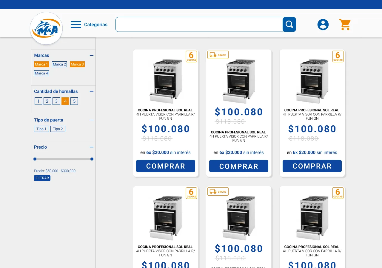 Catálogo de MYA con filtros laterales por marca, hornallas y precio, y grid de cards de cocinas con precio y botón comprar
