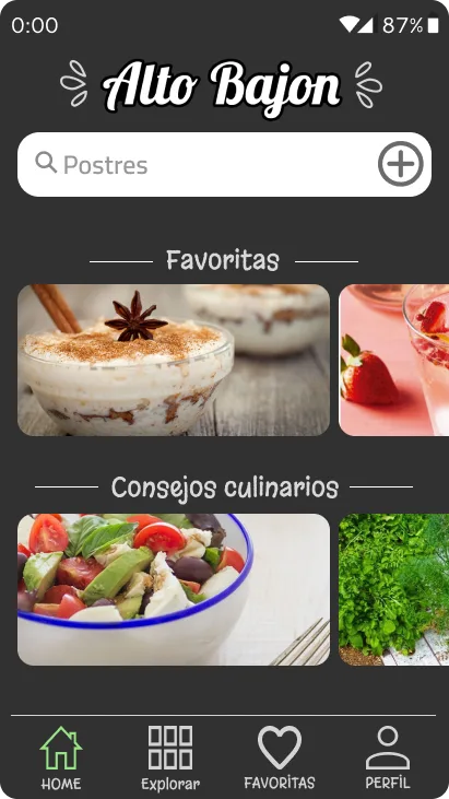 Pantalla de inicio de la app Alto Bajon con buscador, secciones Favoritas y Consejos culinarios con fotos de platos y barra de navegación inferior