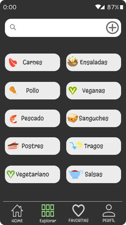 Pantalla Explorar con buscador y grilla de categorías de recetas: Carnes, Ensaladas, Pollo, Veganas, Pescado, Sanguches, Postres, Tragos, Vegetariano y Salsas