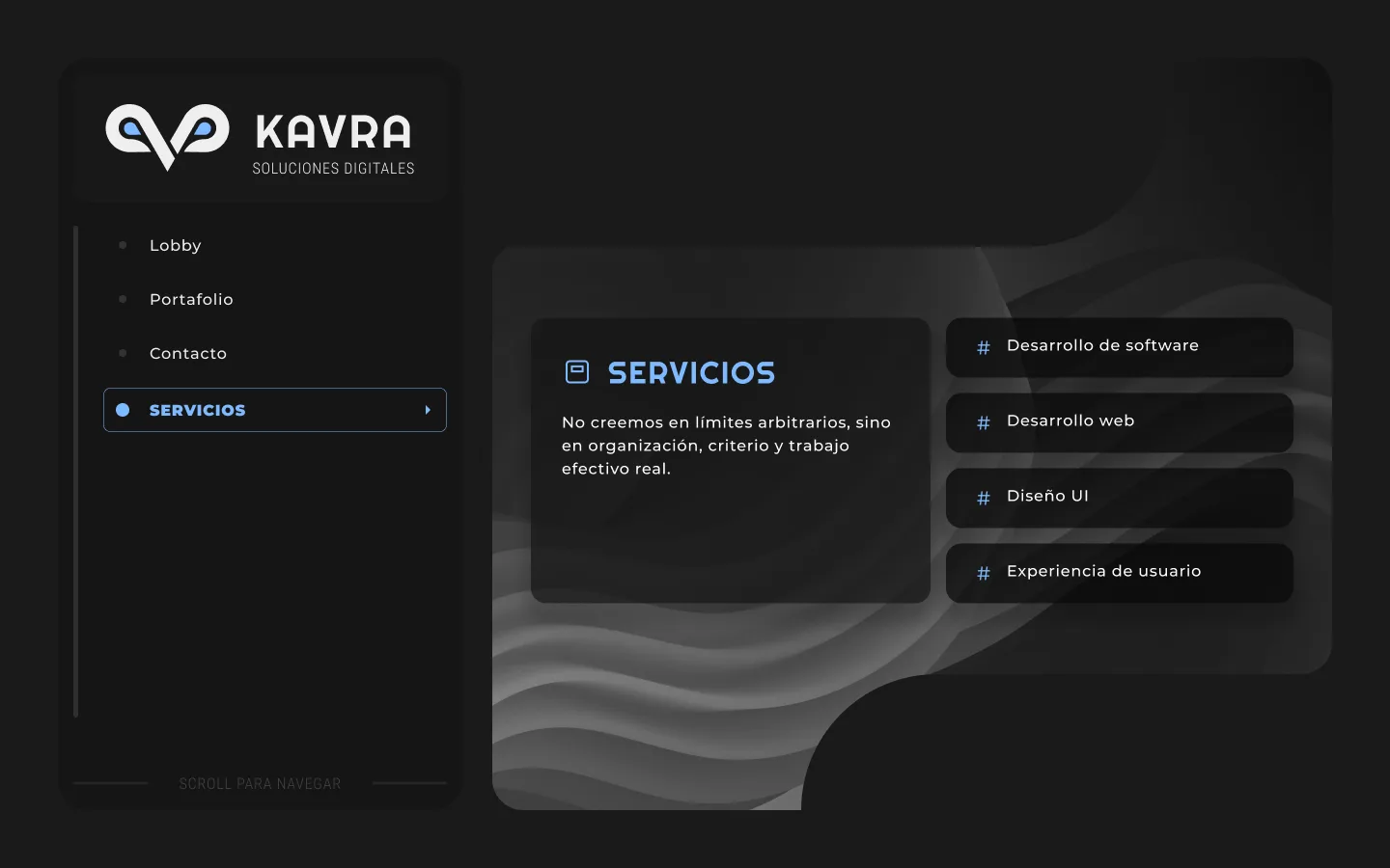 Sección Servicios de KAVRA con la opción Servicios resaltada en el menú lateral y cuatro tarjetas con hashtag: Desarrollo de software, Desarrollo web, Diseño UI y Experiencia de usuario