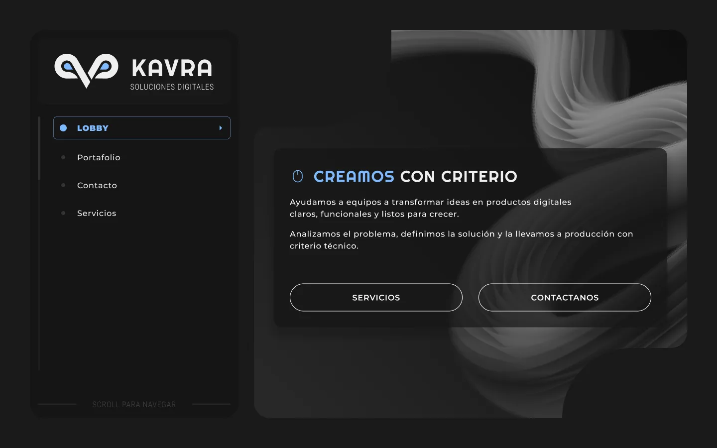 Sección Lobby del sitio de KAVRA en modo oscuro: navegación lateral con logo y opción Lobby activa, lema "CREAMOS CON CRITERIO" y botones Servicios y Contáctanos