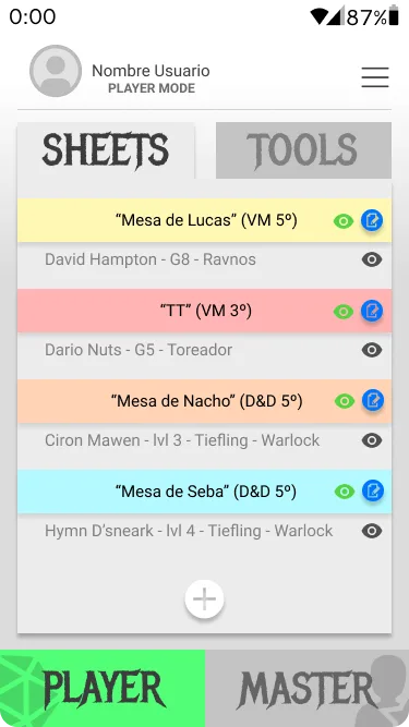 Modo jugador con lista de mesas guardadas de Vampire y D&D, pestañas Sheets y Tools y selector de modo jugador o master
