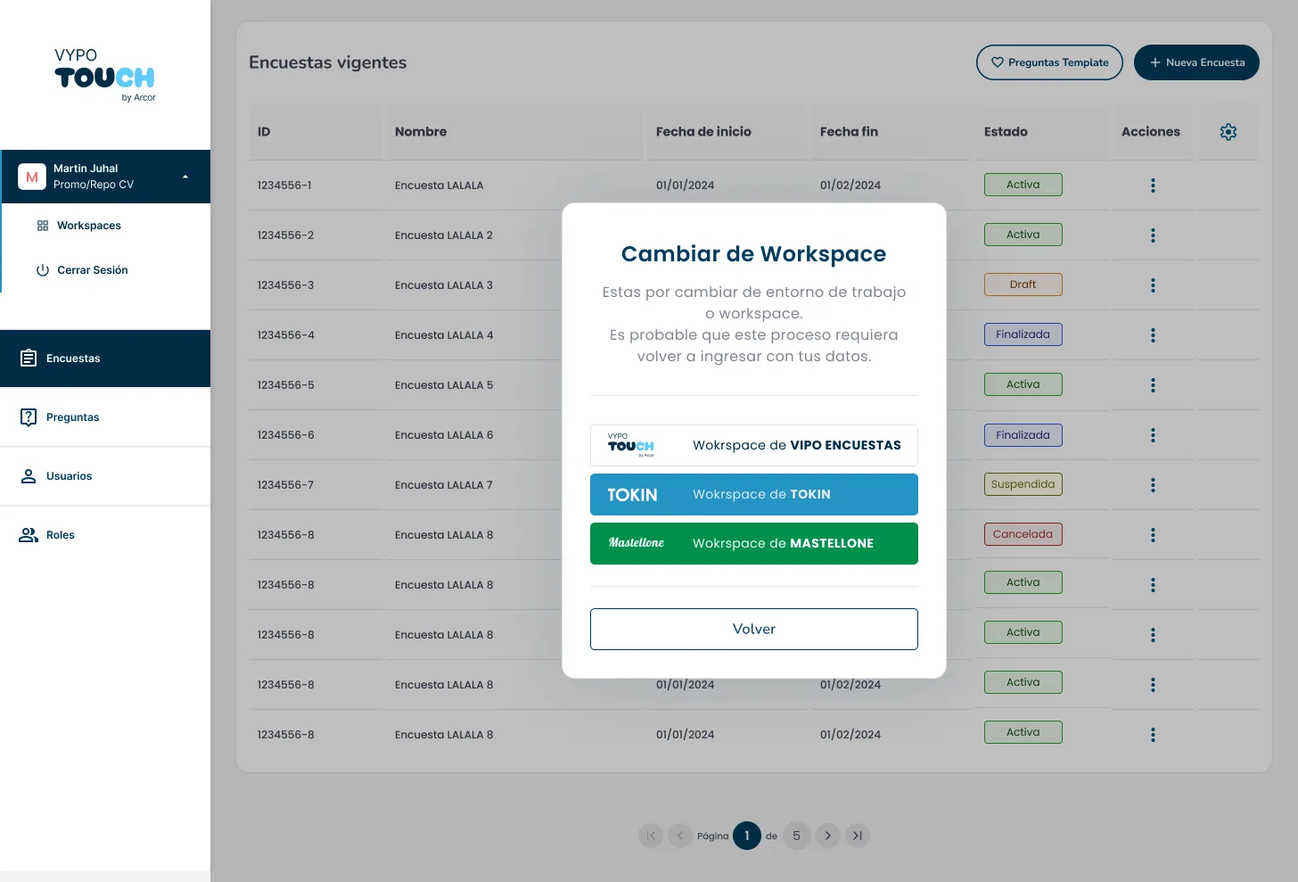 Modal de cambio de workspace sobre el dashboard con tres entornos de empresa seleccionables y botón Volver