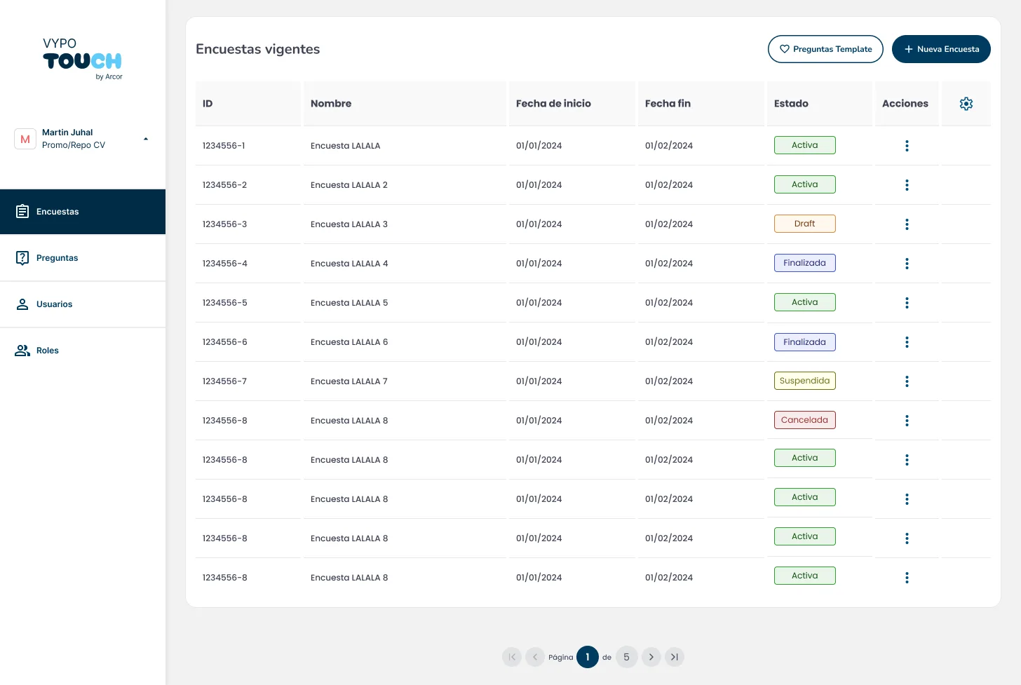 Dashboard Vypo Touch: tabla de encuestas con ID, fechas, badges de estado de colores, menú de acciones por fila y paginación