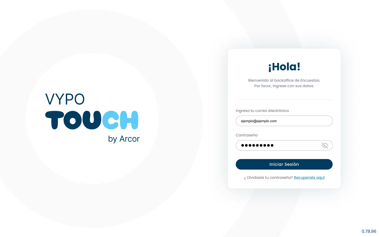 Login del backoffice Vypo Touch con campos de correo y contraseña, botón Iniciar Sesión y enlace para recuperar contraseña