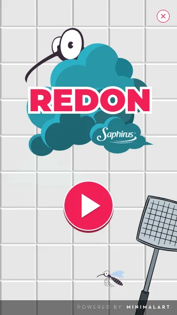 Pantalla de inicio del juego REDON: logo sobre una nube celeste, botón circular rosa de play, raqueta mata-moscas y mosquito ilustrados sobre fondo de cuadrícula