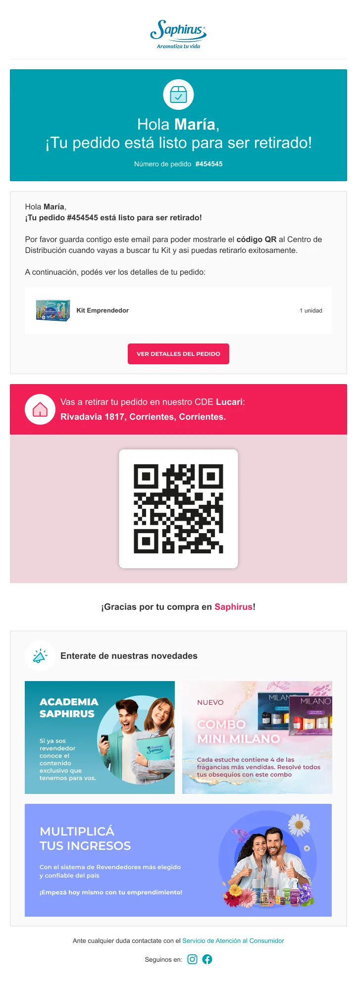 Email de Saphirus con pedido listo para retirar, dirección del centro de distribución y código QR grande para la entrega