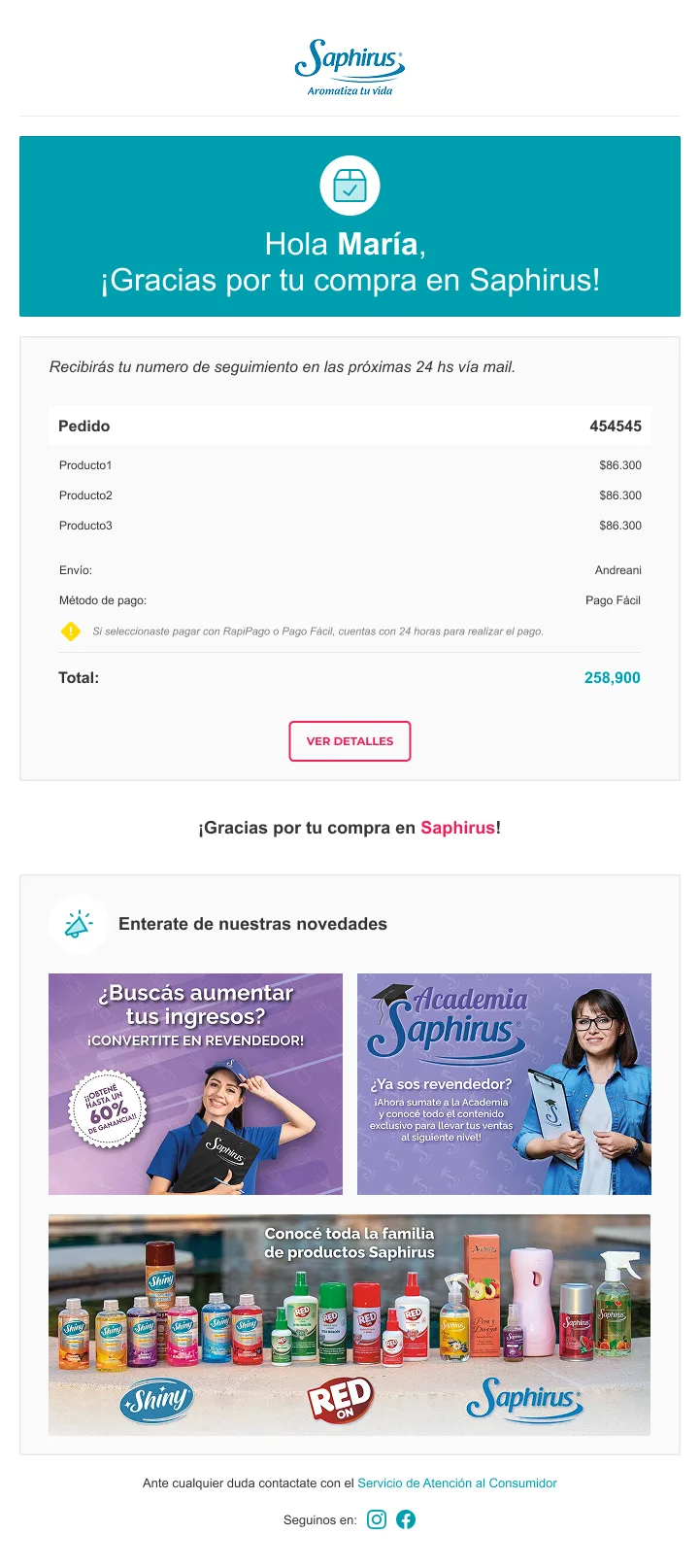 Email de confirmación de compra Saphirus con resumen del pedido, envío, método de pago, total y botón 'Ver detalles'
