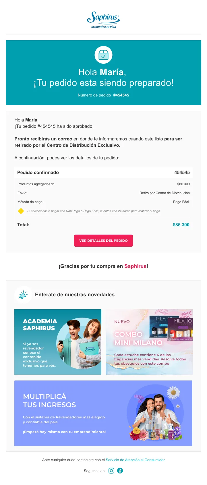 Email de Saphirus que avisa 'Tu pedido está siendo preparado' con detalle del pedido confirmado y botón para ver el pedido