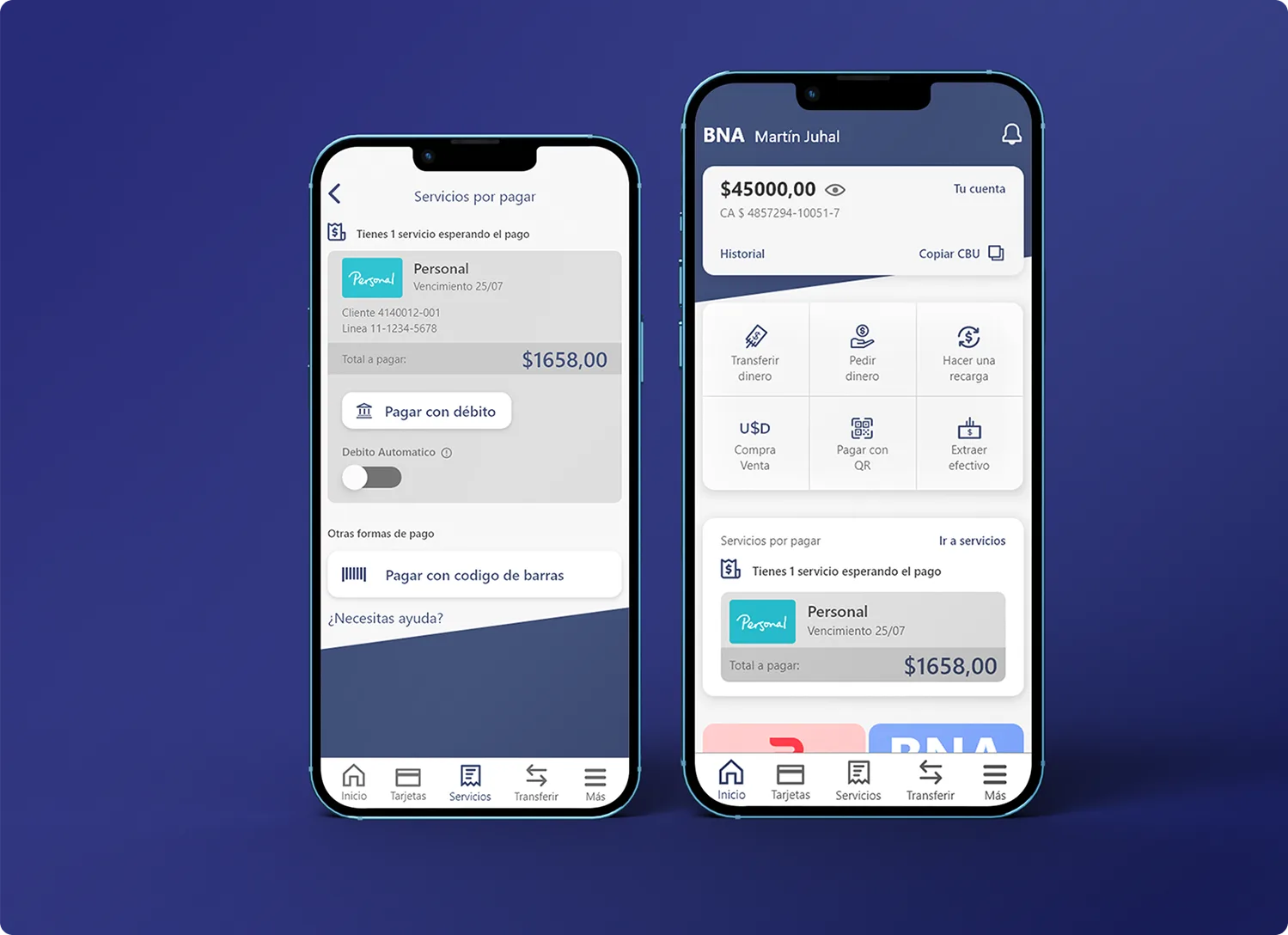 Dos celulares: pago de una factura de Personal con opciones de débito y código de barras, y home con saldo, acciones rápidas y servicios pendientes